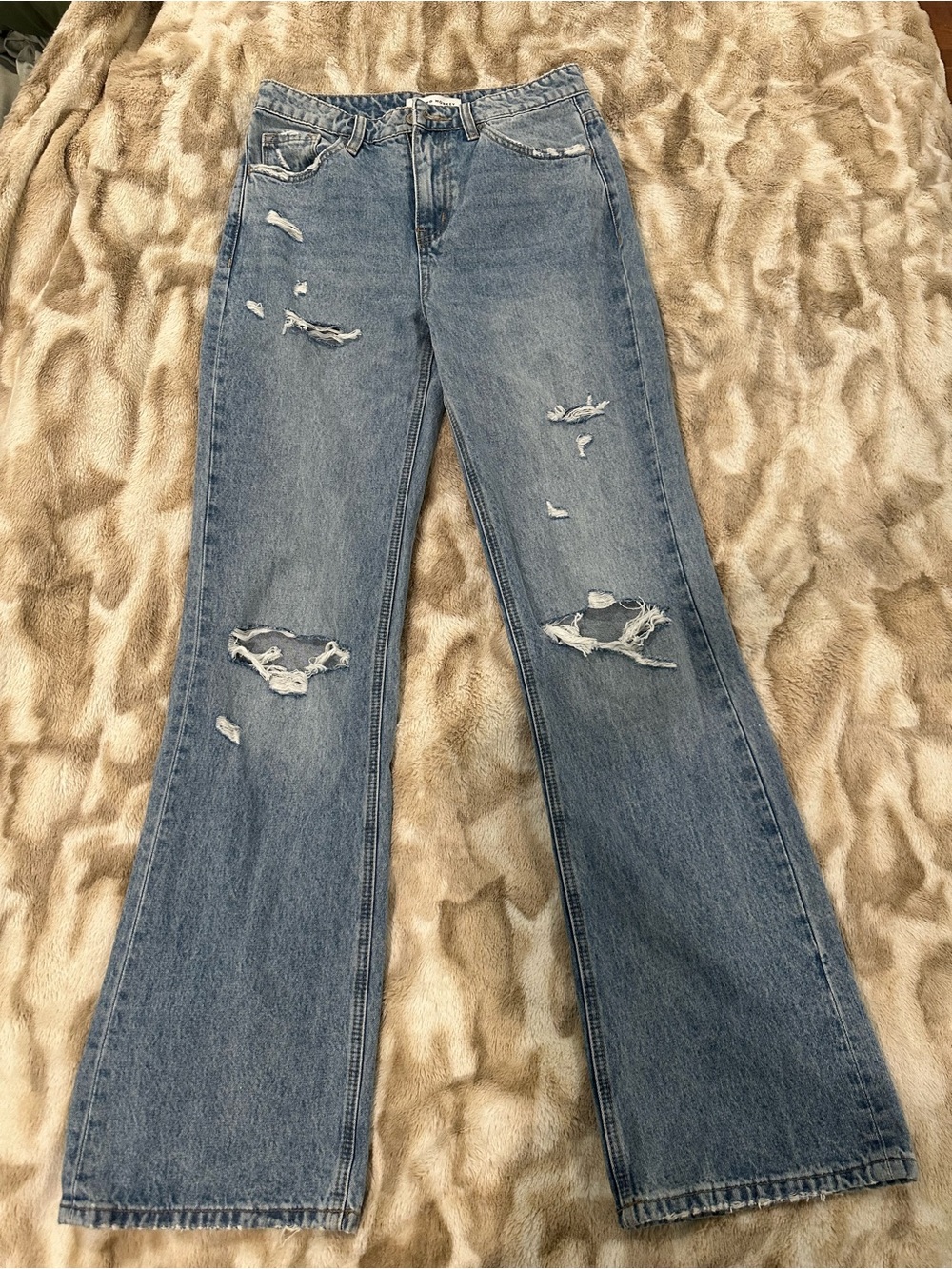 High-Rise Distressed Wide-Leg Jeans in Light Blue